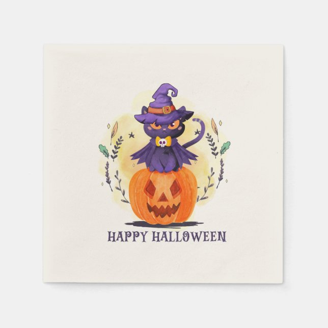 Lila Witch Cat on Pumpkin - Happy halloween Pappersservett (Framsidan)