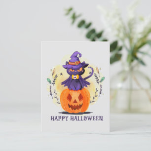 Lila Witch Cat on Pumpkin - Happy halloween Vykort