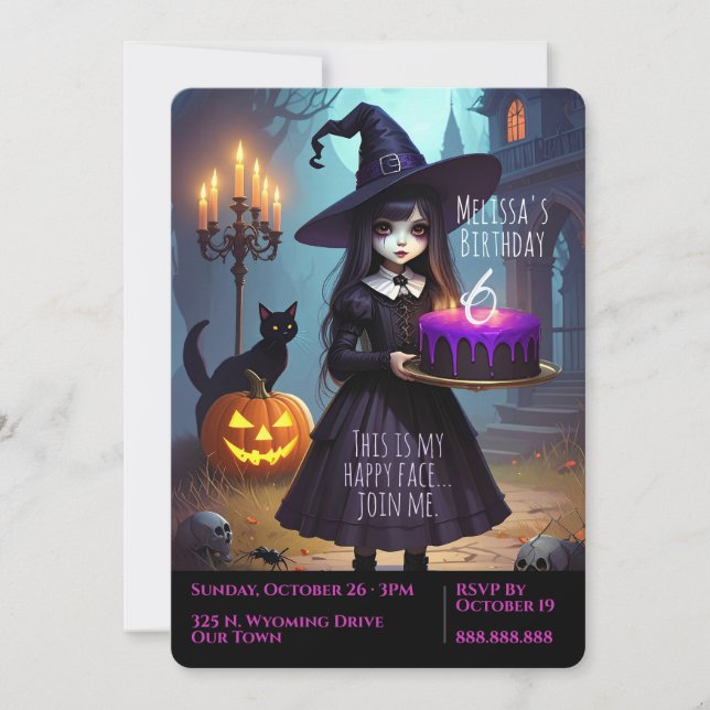 Lila Witch, Creepy Cute Spooky Birthday Inbjudningar (Framsida)