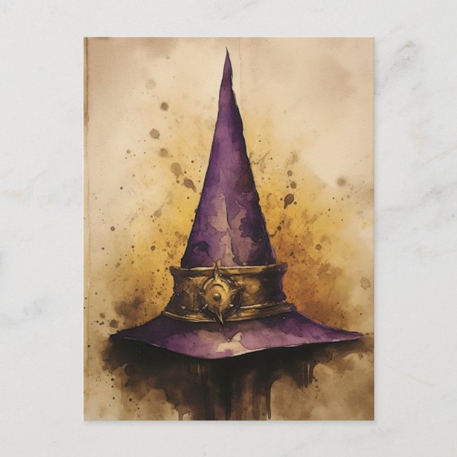 Lila Witch Hat Watercolor Vykort (Framsida)