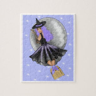 Lila Witch på en Broomstick Jigszle Puzzle Pussel