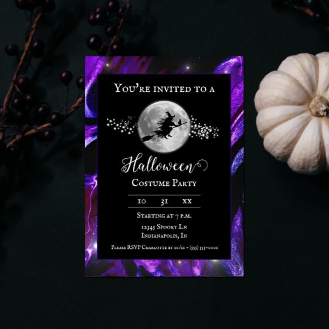 Lila Witch Silhouette Halloween Costume Party Inbjudningar (Purple Witch Silhouette Halloween Party Invite)