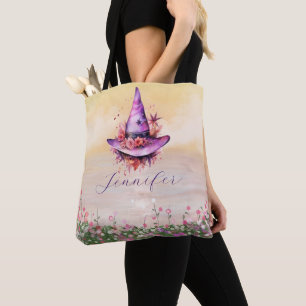 Lila Witches Hat Abstrakt Flowers Halloween Tygkasse