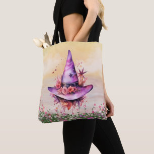Lila Witches Hat Abstrakt Flowers Halloween Tygkasse