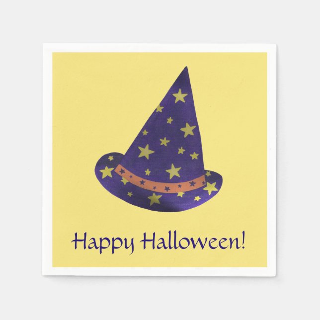 Lila Wizard Hat Gult Stars Halloween Napkins Pappersservett (Framsidan)