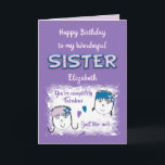 Lila Wonderful Sister med namn Kort<br><div class="desc">Anpassa det här födelsedagskortet till din underbara syster,  som är helt fantastisk,  precis som du! Designad i lila,  lilak och blått,  med två ansikten och hjärtan Lägg till henne namn och byt text till kostym.</div>