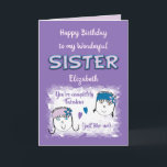 Lila Wonderful Sister med namn Kort<br><div class="desc">Anpassa det här födelsedagskortet till din underbara syster,  som är helt fantastisk,  precis som du! Designad i lila,  lilak och blått,  med två ansikten och hjärtan Lägg till henne namn och byt text till kostym.</div>