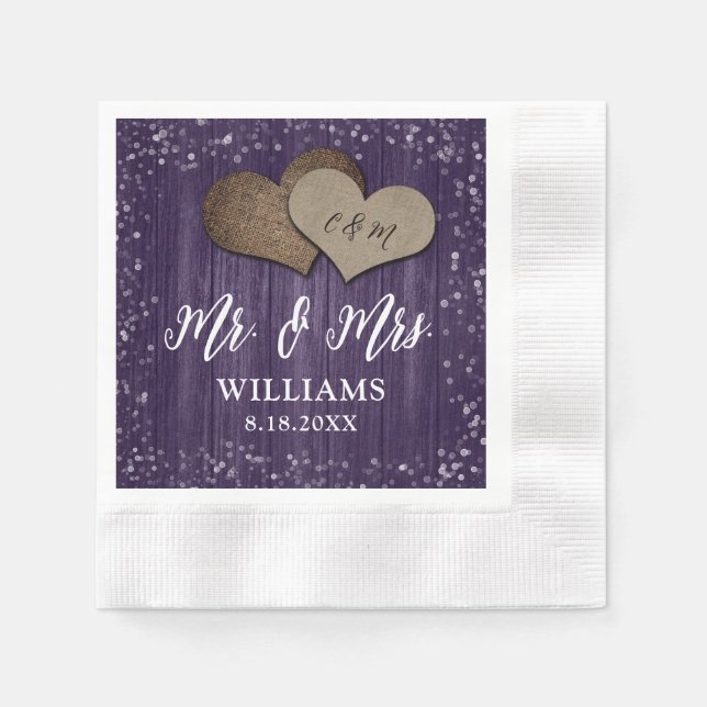 Lila Wood Burlap lyssnar på Mr & Mrs Bröllop Pappersservett (Framsidan)