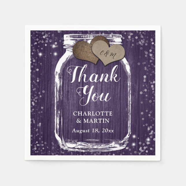 Lila Wood Mason Burk 2 Hearts Tack Bröllop Pappersservett (Framsidan)