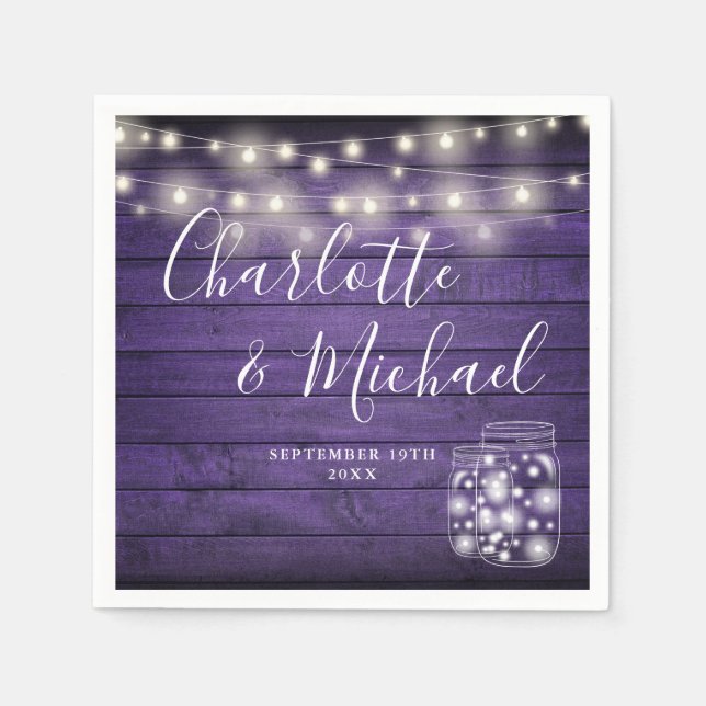 Lila Wood String Ljus Mason Burk Bröllop Pappersservett (Framsidan)