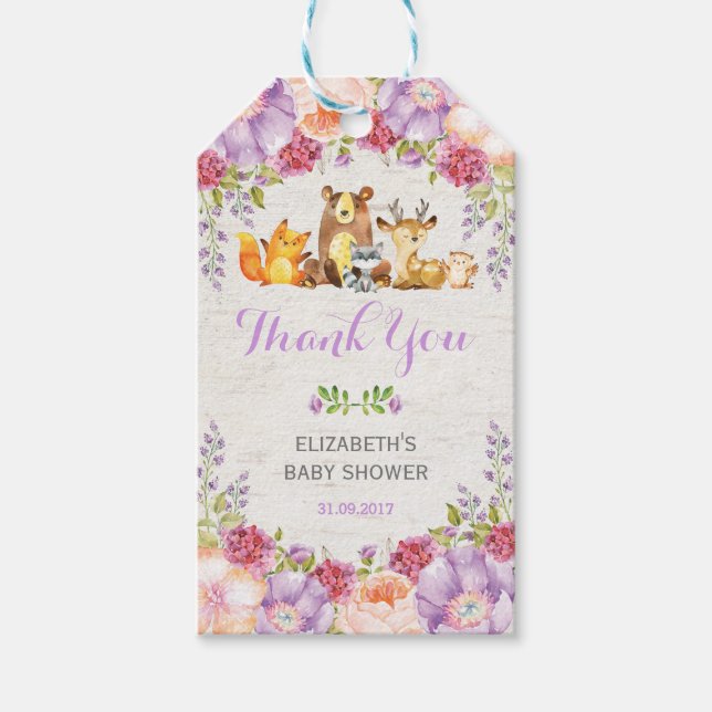 Lila Woodland Forest Girl Baby Shower Favor Presentetikett (Framsidan)