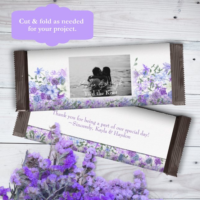 Lila, Wrapper för ljusblå Bröllop-godis Pub Flygblad (purple dusty light blue lilac lavender personalized wedding chocolate candy bar wrapper labels)