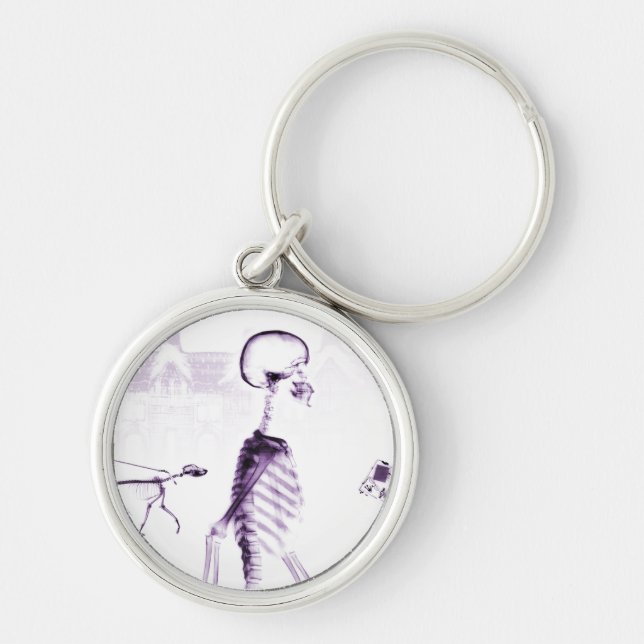 Lila X-Ray Skeleton City Scene Rund Silverfärgad Nyckelring (Framsidan)