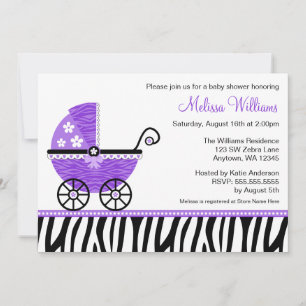 Lila Zebra Barnvagn Flicka Baby Shower Inbjudninga Inbjudningar