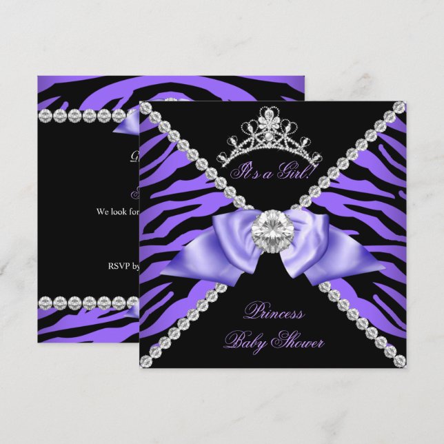 Lila Zebra Bebis Kalas Flickprinsessa Diamant Inbjudningar (Fram/baksida)