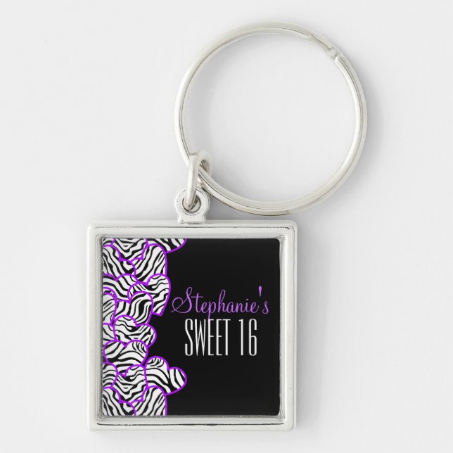 Lila zebra hjärta Sweet 16 Birthday Keychain Fyrkantig Silverfärgad Nyckelring (Framsidan)