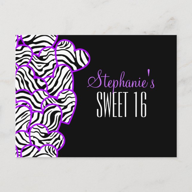 Lila zebra-hjärtan Sweet 16 Birthday Postcard Vykort (Framsida)