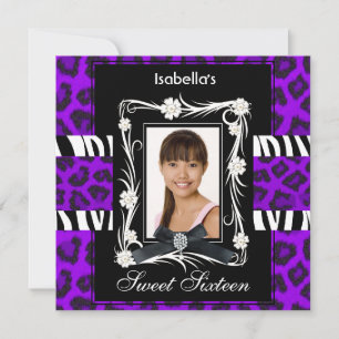 Lila Zebra Leopard Sweet Sixteen 16 Svart Vit Inbjudningar