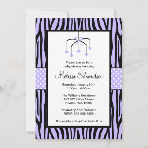 Lila Zebra Mobile Hearts Baby Shower Inbjudningar