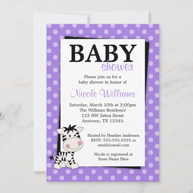 Lila Zebra Polka Dot Baby Shower-inbjudningar Inbjudningar (Framsida)