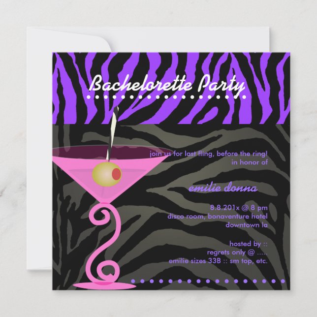 Lila Zebra/rosa martini Bachelorette Party Inbjudningar (Framsida)