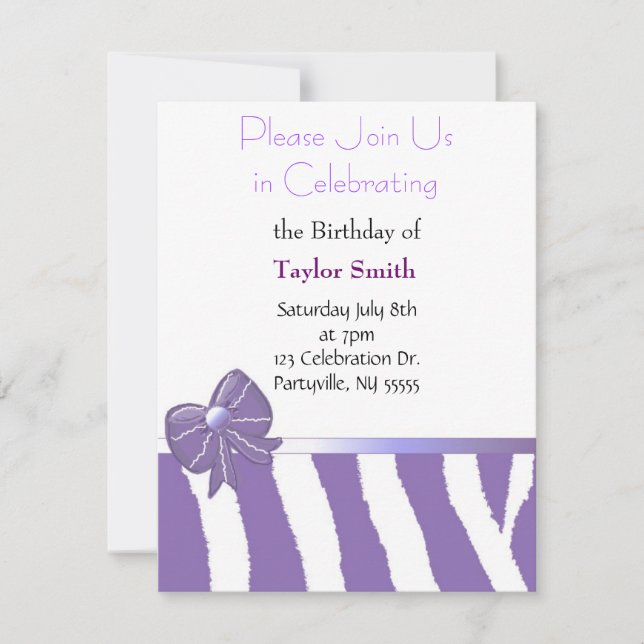 Lila Zebra Sripes Birthday-inbjudan Inbjudningar (Framsida)