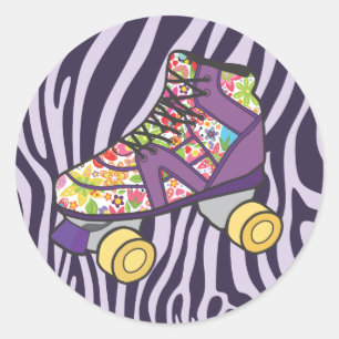 Lila Zebra tryck Roller Skate Party Sticker Runt Klistermärke