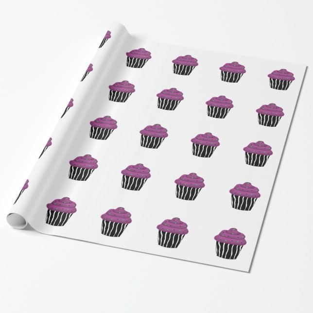 Lila Zebrastrecksmönster Cupcake Presentpapper (Utrullad)