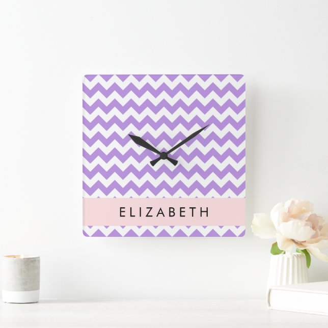 Lila Zigzag, Lila Chevron, ditt namn Fyrkantig Klocka (Hem)