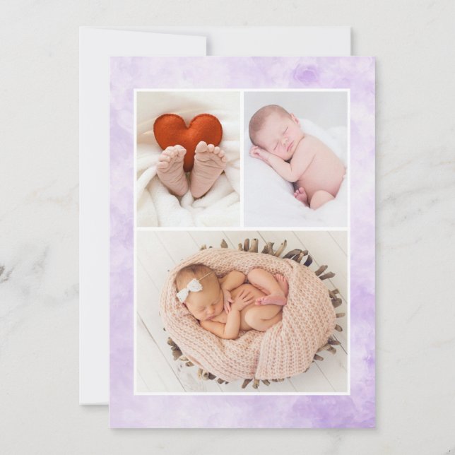 Lilac 3 Photo Collage Birth Announcement Card Meddelande (Baksida)