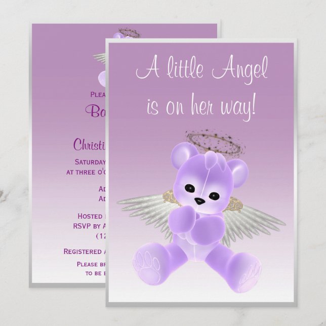 Lilac Angel Nalle Baby Shower Inbjudningar (Fram/baksida)