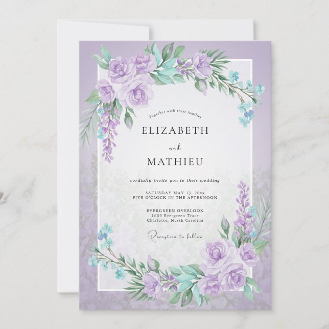 Lilac Aqua Ranunculus Grå Eukalyptus Bröllop Inbjudningar (Framsida)