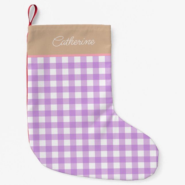 Lilac Beige Personlig Namn Gingham Liten Julstrumpa (Framsidan)