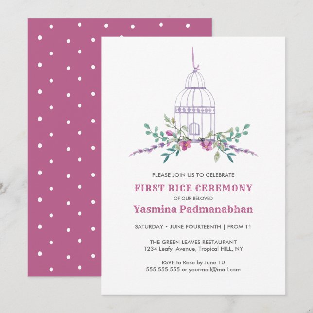 Lilac Bird Cage First Ris Annaprashan Inbjudningar (Fram/baksida)