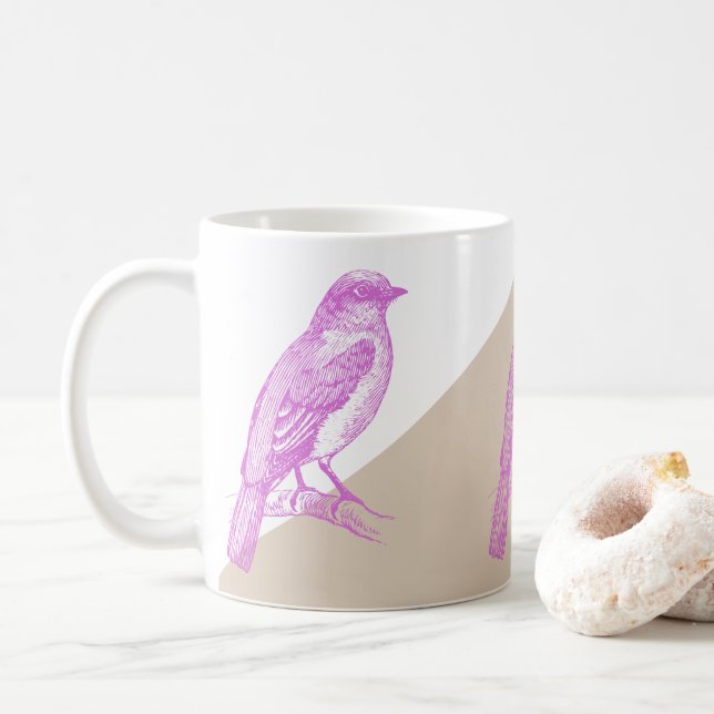 Lilac Bird Illustration & Abstrakt Tan Accent Mugg (Med munk)