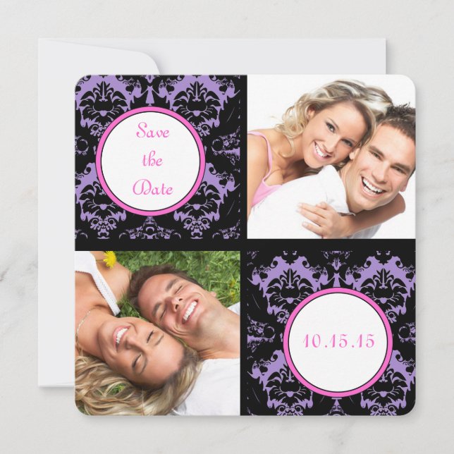 Lilac Black Damask Rosa Bröllop spara datum Datumet (Framsida)