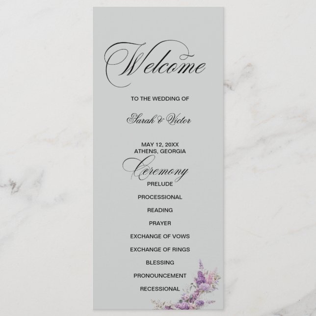 Lilac blommig Elegant dubbelsidigt programkort  Program (Framsida)