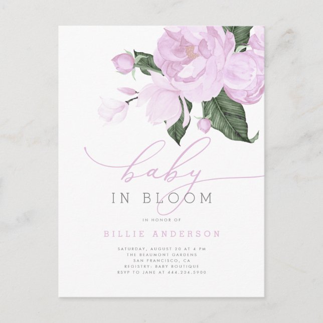 Lilac Blommigt Baby i Bloom Girl Shower Inbjudan Vykort (Framsida)