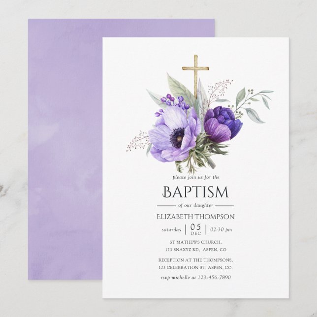 Lilac-Blommigt: Baptism eller Christening Inbjudningar (Fram/baksida)