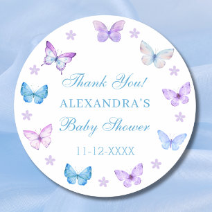 Lilac Blommigt Blue Butterfly Baby Shower Tack Runt Klistermärke