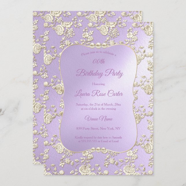 Lilac Blommigt Damask Ro Sepia Guld Födelsedagsfes Inbjudningar (Fram/baksida)