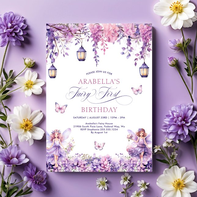 Lilac Blommigt Fairy First Birthday Party Inbjudningar (Lilac Floral Fairy First 1st Birthday Party Invitation)