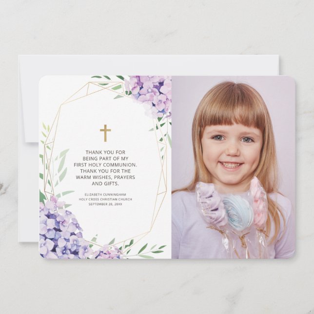 Lilac Blommigt Geometric Photo Communion Tack Kort (Framsida)