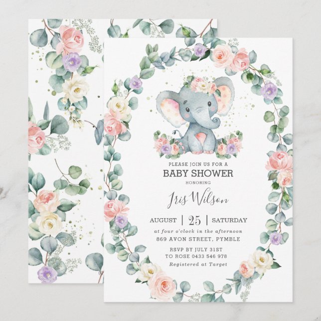  Lilac Blommigt Greenery Elephant Baby Shower Inbjudningar (Fram/baksida)