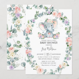  Lilac Blommigt Greenery Elephant Baby Shower Inbjudningar