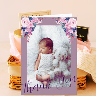 Lilac Blommigt Photo Card Midfru Nyfödd bebis Gi Tack Kort