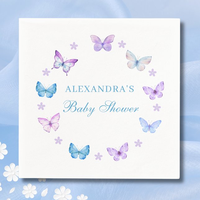 Lilac Blommigt Rosa Blue Butterfly Baby Shower Pappersservett (Skapare uppladdad)