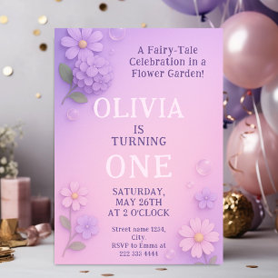 Lilac Bloom Bubble 1st Birthday Magic Inbjudningar