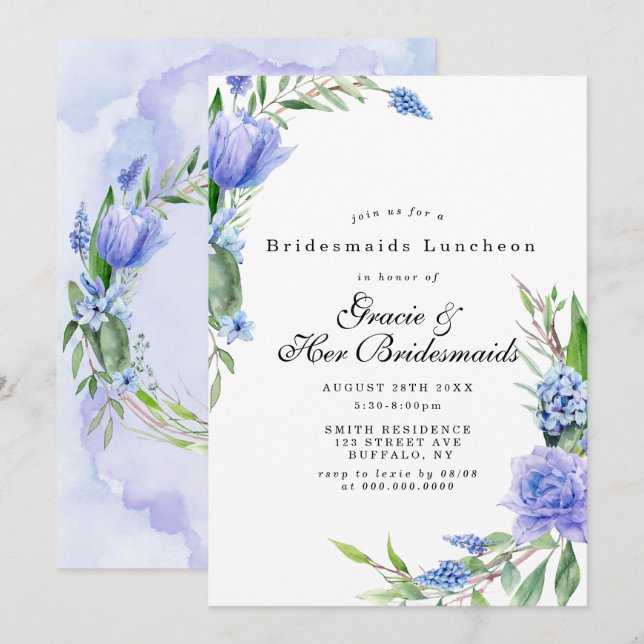 Lilac Blue Blommigt Bridesmaids Luncheon Inbjudnin (Fram/baksida)