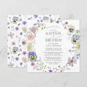 Lilac Blue Blommigt Watercolor Baptism 1:a födelse Inbjudningar
